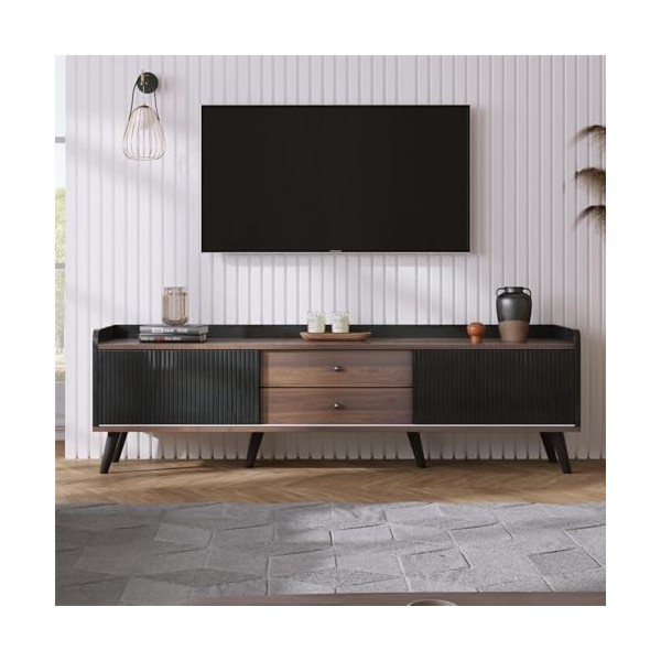 NIKKHO Meuble TV avec 2 tiroirs despace de rangement, plateau bas avec deux portes coulissantes Texture exquise Meuble TV po