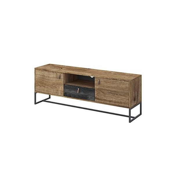 Meuble TV 153 cm Dark Meuble TV avec pieds Meuble TV Support TV Couleur Noir, Poignées en cuir, meubles modernes
