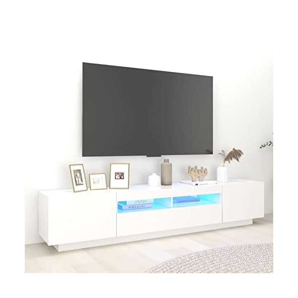 Gecheer Meuble TV avec lumières LED Blanc 200x35x40 cm Banc TV, Support de Télévision pour Salon, Chambre Meubles