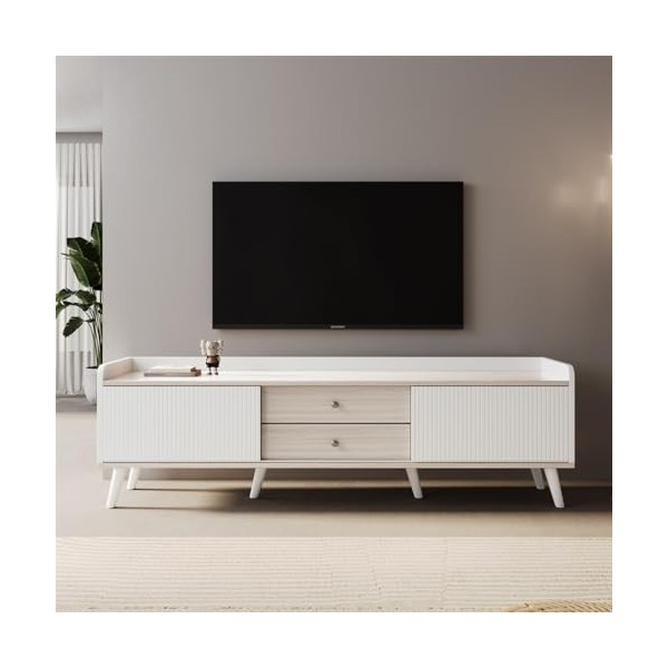 NIKKHO Meuble TV avec 2 tiroirs despace de rangement, plateau bas avec deux portes coulissantes Texture exquise Meuble TV po