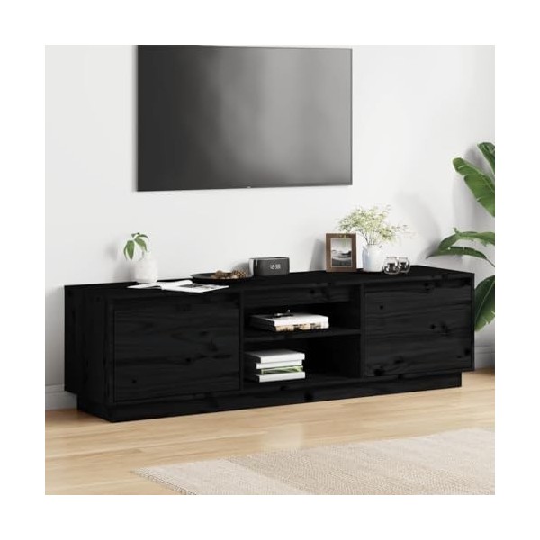 Gecheer Meuble TV Noir 140x35x40 cm Bois de pin Massif Banc TV, Support de Télévision pour Salon, Chambre Meubles