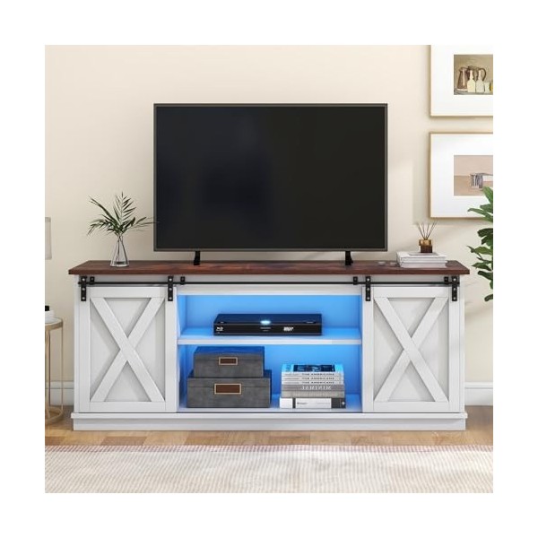 ATHRZ Armoire TV de 1,5 m de long, marron, avec 2 portes coulissantes, 9 compartiments de rangement et éclairage LED, buffet,