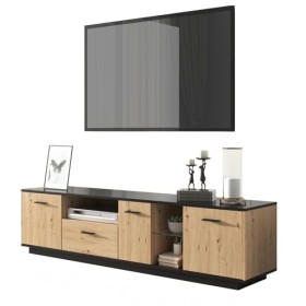 NIKKHO Meuble TV avec espace de rangement avec un tiroir, trois portes, deux compartiments ouverts avec verre - Meuble TV bas