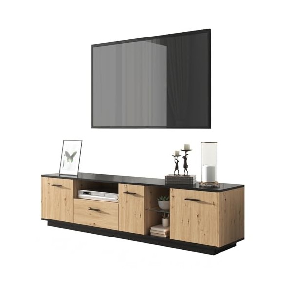 NIKKHO Meuble TV avec espace de rangement avec un tiroir, trois portes, deux compartiments ouverts avec verre - Meuble TV bas