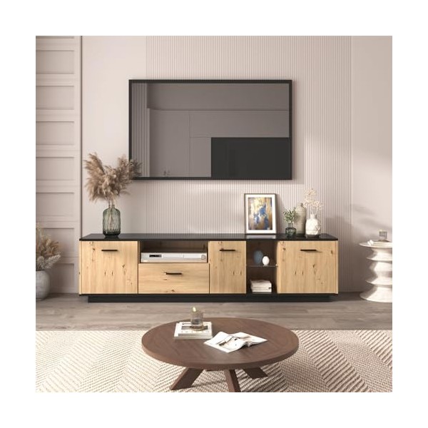 NIKKHO Meuble TV avec espace de rangement avec un tiroir, trois portes, deux compartiments ouverts avec verre - Meuble TV bas