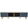 NIKKHO Meuble TV moderne aspect marbre avec 4 pieds, 4 tiroirs structurés avec poignées dorées, deux portes marron en verre t