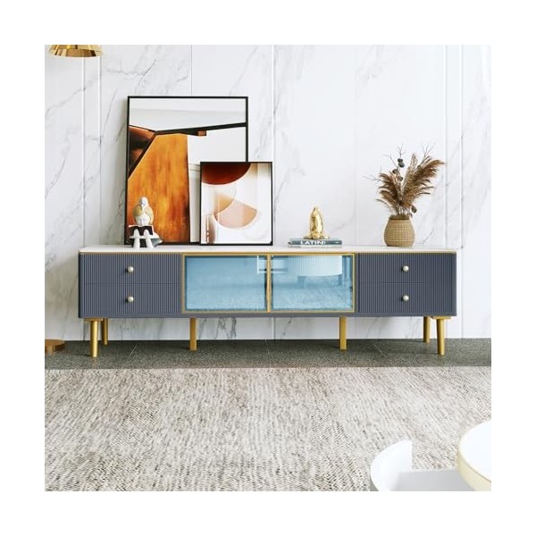 NIKKHO Meuble TV moderne aspect marbre avec 4 pieds, 4 tiroirs structurés avec poignées dorées, deux portes marron en verre t