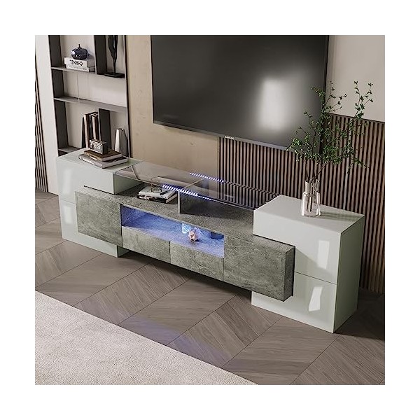 Azkoeesy Meuble TV, blanc brillant, 200 cm de long, avec éclairage LED, plateau de table en verre, 4 portes et 2 tiroirs, meu