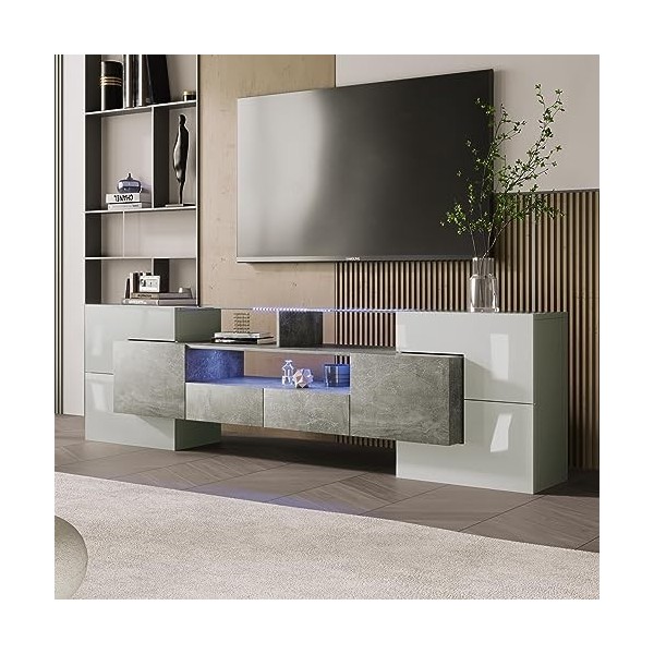 Azkoeesy Meuble TV, blanc brillant, 200 cm de long, avec éclairage LED, plateau de table en verre, 4 portes et 2 tiroirs, meu