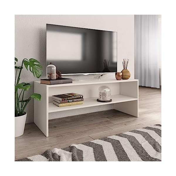 Homgoday Meuble TV blanc 100 x 40 x 40 cm en aggloméré, meuble TV meuble bas pour TV, table de salon, support TV pour salon