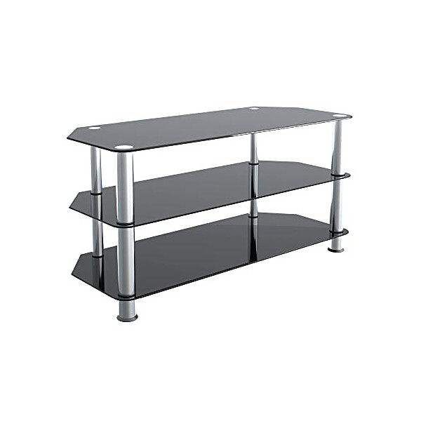 King Meuble TV en Verre noir pour Ecran 20" - 47" pouces LCD/LED/Plasma Pieds Argentes 100cm
