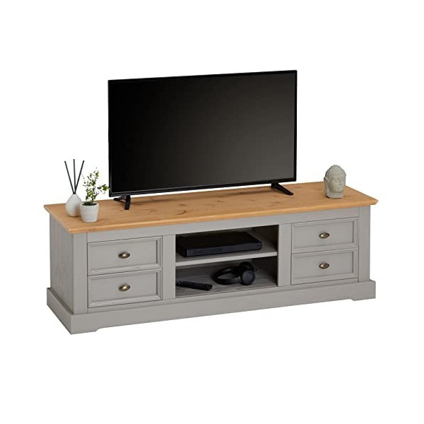 IDIMEX Meuble TV Kent Banc télévision en pin Massif lasuré Gris et Brun 144 x 46 x 45 cm, avec 4 tiroirs et 2 niches
