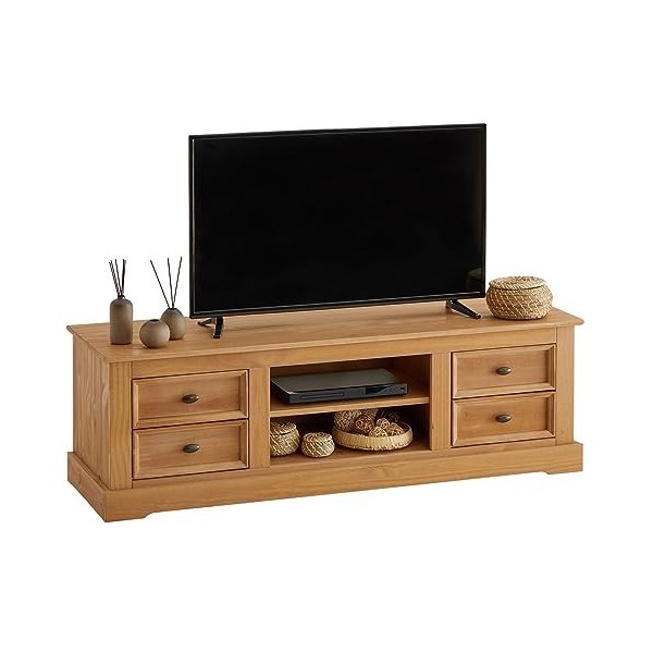 IDIMEX Meuble TV Kent Banc télévision en pin Massif lasuré Gris et Brun 144 x 46 x 45 cm, avec 4 tiroirs et 2 niches