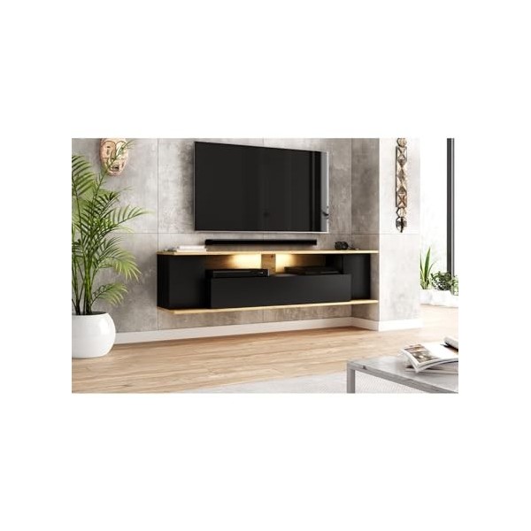 Vivaldi Meuble TV Rob | 160 x 35 x 38,7 cm | Chêne Artisanal/Noir Mat | Éclairage LED