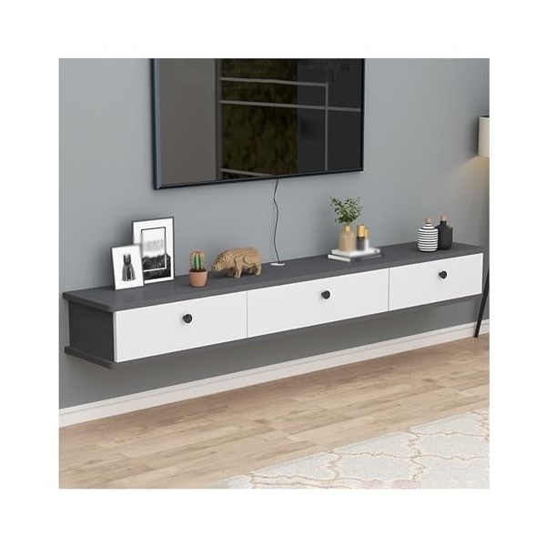 Support de Meuble TV Mural Flottant avec Prise de Courant, Console multimédia Murale avec Trous pour câbles, Support de Range