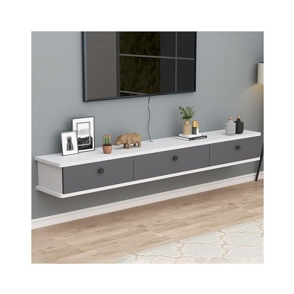 Support de Meuble TV Mural Flottant avec Prise de Courant, Console multimédia Murale avec Trous pour câbles, Support de Range