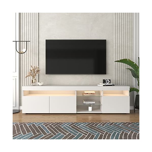 Meuble TV bas moderne avec éclairage LED variable et 3 portes et 5 compartiments ouverts pour votre salon - 180 x 35 x 45 cm 