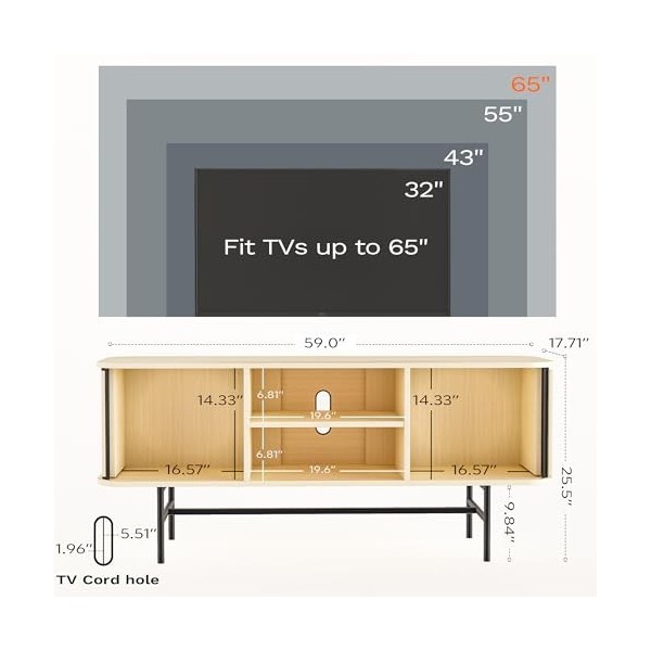 Roomfitters Meuble TV Moderne avec 2 Portes Coulissantes, Support pour Téléviseur Jusqu’à 65 Pouces, Armoire de Bar avec Rang