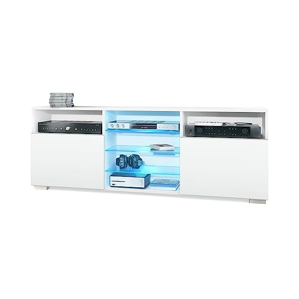 Vladon Meuble TV Granada, Lowboard avec 2 Portes et 6 Compartiments Ouverts, Corps Blanc Mat, façades en Gris Sable Haute Bri