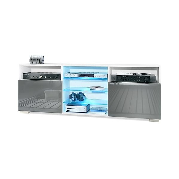 Vladon Meuble TV Granada, Lowboard avec 2 Portes et 6 Compartiments Ouverts, Corps Blanc Mat, façades en Gris Sable Haute Bri