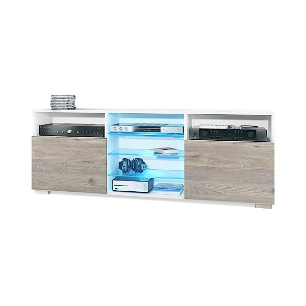 Vladon Meuble TV Granada, Lowboard avec 2 Portes et 6 Compartiments Ouverts, Corps Blanc Mat, façades en Gris Sable Haute Bri