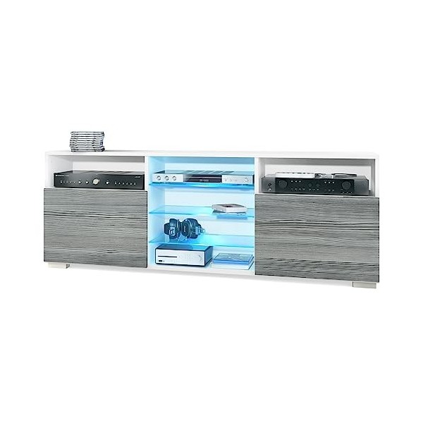 Vladon Meuble TV Granada, Lowboard avec 2 Portes et 6 Compartiments Ouverts, Corps Blanc Mat, façades en Gris Sable Haute Bri