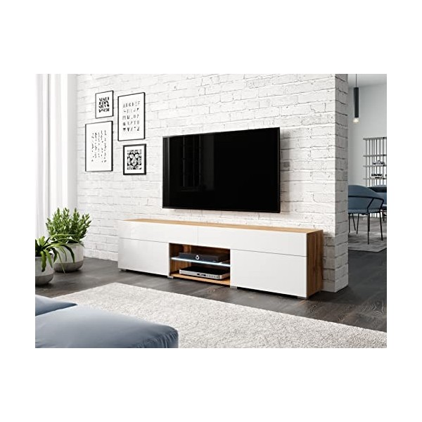 PIASKI Meuble TV Lowboard Carrera 180 cm Meuble TV coloré avec éclairage LED Inclus Wotan/Blanc 