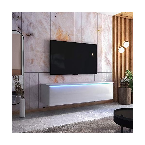 Selsey SKYLARA - Meuble TV - 160 cm - Blanc Mat/Blanc Brillant - scandinave - Moderne - avec LED