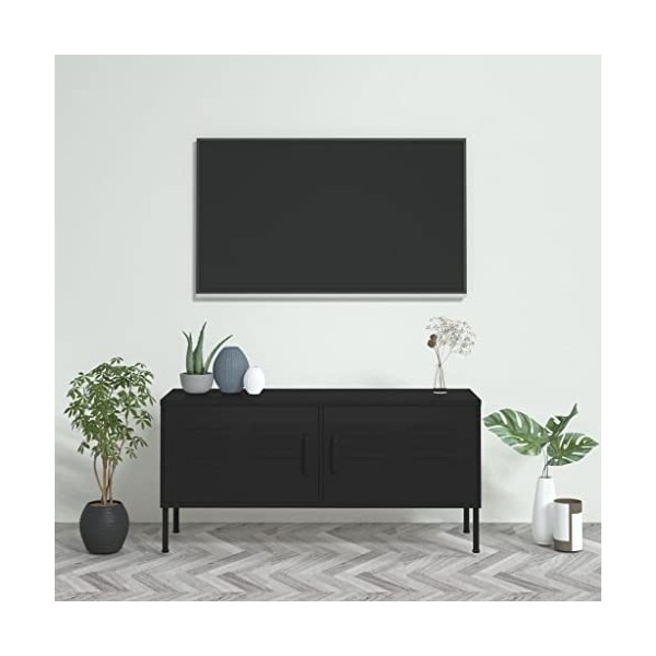 Meuble TV avec 2 Portes | Style Vintage | Rangement matériel télé Audio Video Gaming | 105x35x50cm Noir