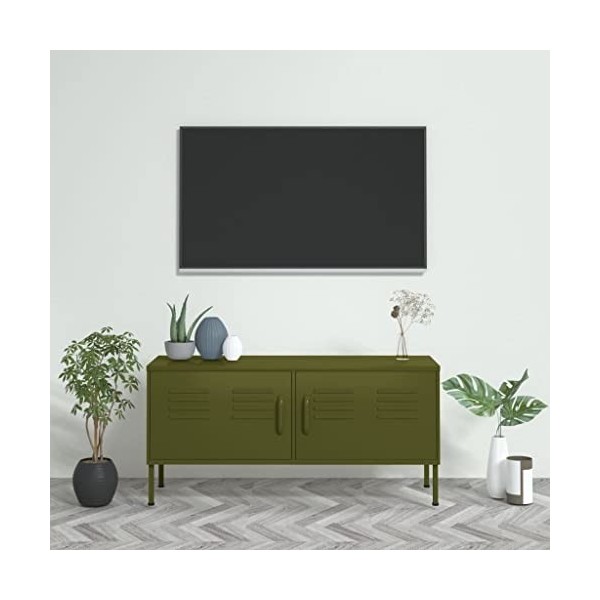 Meuble TV avec 2 Portes | Style Vintage | Rangement matériel télé Audio Video Gaming | 105x35x50cm Vert Olive
