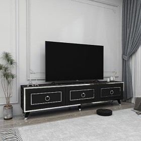 Destina Home Esmera 180 Meuble TV bas et offre de la place pour TV à écran plat jusquà 78" effet marbre noir - bande argent