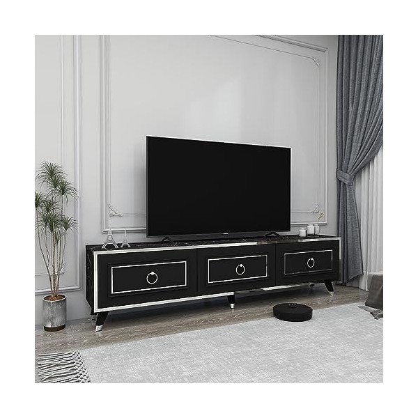 Destina Home Esmera 180 Meuble TV bas et offre de la place pour TV à écran plat jusquà 78" effet marbre noir - bande argent
