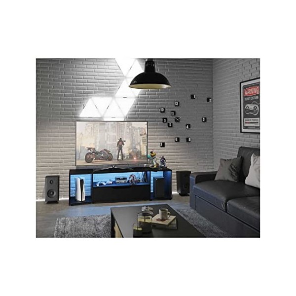 Tousmesmeubles Meuble TV Gamer 1 tiroir 3 niches Noir - LAIRA - L 163 x l 45 x H 48 cm - Neuf