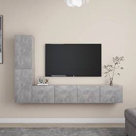 JUNZAI Ensemble de Meuble TV 4 pcs Gris béton Aggloméré,Meuble TV,Table Basse Salon Meuble TV,Table Basse Couleurs