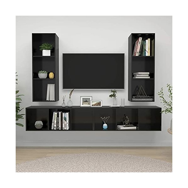 ZEYUAN Meubles TV muraux 4 pcs Noir Brillant Aggloméré,Meuble Haut Salon,Meuble dangle TV,Meuble TV Étagère
