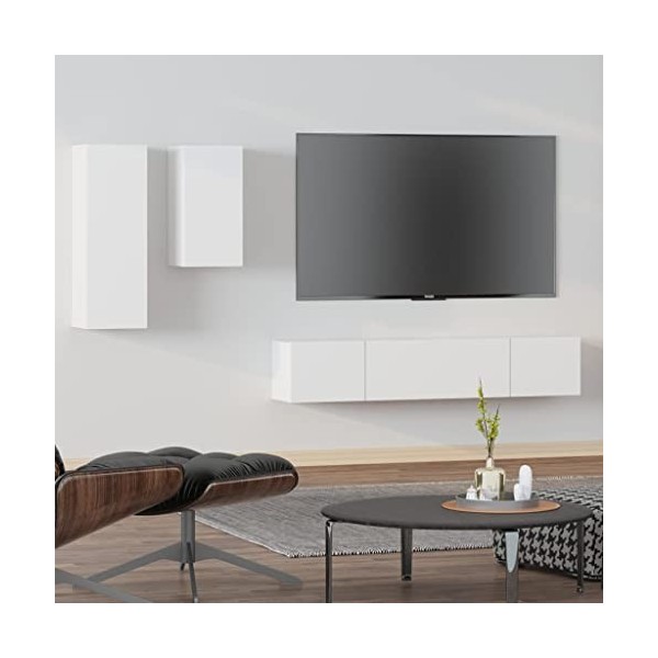 ZEYUAN Ensemble de Meubles TV 4 pcs Blanc Bois dingénierie,Meuble TV,Table Basse Salon Meuble TV,Table Basse LED Couleurs