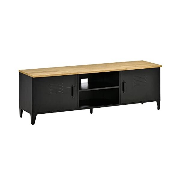 HOMCOM Meuble TV en Métal Industriel Banc TV avec 2 Placards 150 x 40 x 50 cm Pieds Réglables Cadre métalique Noir Plateau en