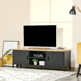HOMCOM Meuble TV en Métal Industriel Banc TV avec 2 Placards 150 x 40 x 50 cm Pieds Réglables Cadre métalique Noir Plateau en