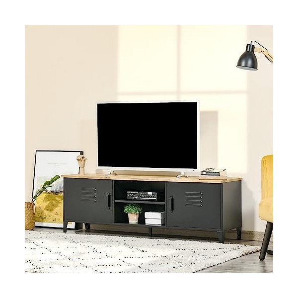 HOMCOM Meuble TV en Métal Industriel Banc TV avec 2 Placards 150 x 40 x 50 cm Pieds Réglables Cadre métalique Noir Plateau en