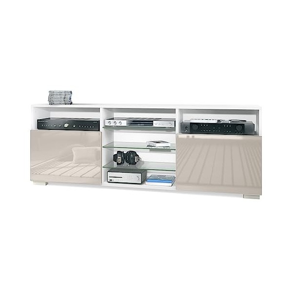 Vladon Meuble TV Granada, Lowboard avec 2 Portes et 6 Compartiments Ouverts, Corps Blanc Mat, façades en Gris Sable Haute Bri