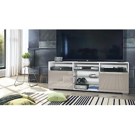 Vladon Meuble TV Granada, Lowboard avec 2 Portes et 6 Compartiments Ouverts, Corps Blanc Mat, façades en Gris Sable Haute Bri