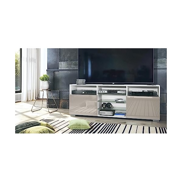 Vladon Meuble TV Granada, Lowboard avec 2 Portes et 6 Compartiments Ouverts, Corps Blanc Mat, façades en Gris Sable Haute Bri