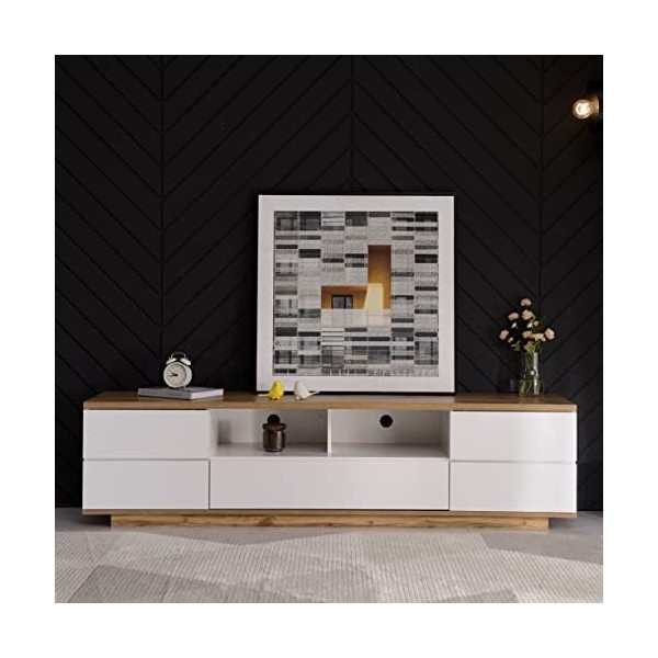 BTM Meuble TV moderne avec revêtement brillant et grain de bois 180 cm Led Blanc 180 WF285201202AAF