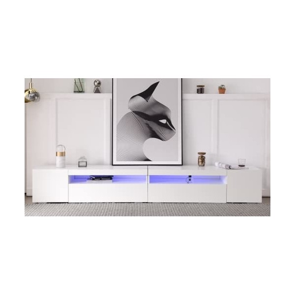 BTM Meuble TV moderne avec revêtement brillant et grain de bois 180 cm Led Blanc 180 WF285201202AAF