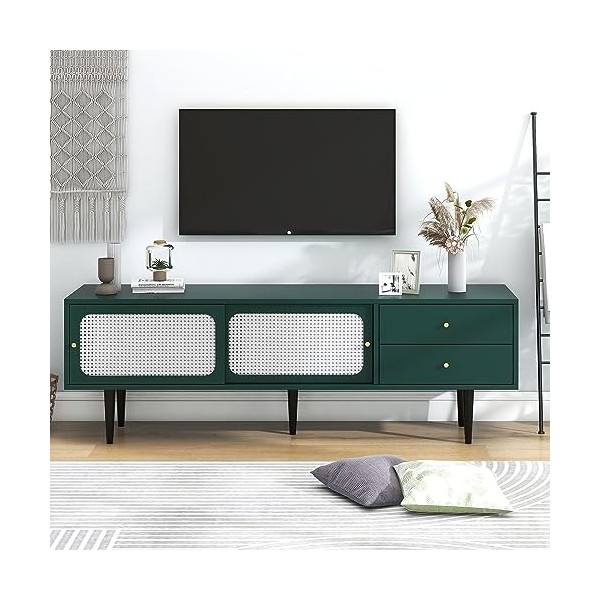 BTM Meuble TV moderne avec revêtement brillant et grain de bois 180 cm Led Blanc 180 WF285201202AAF