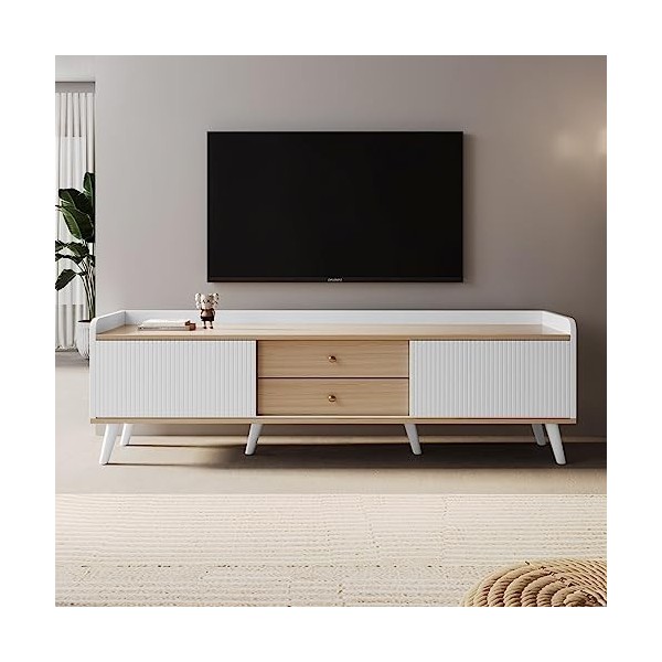 BTM Meuble TV moderne avec revêtement brillant et grain de bois 180 cm Led Blanc 180 WF285201202AAF