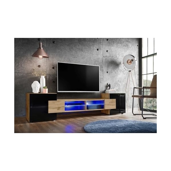 Komodee, Meuble Banc TV Merano, Wotan/Noir, Largeur 230 cm x Hauteur 52,5 cm x Profondeur 35 cm, LED RGB, pour Salon, Chambre