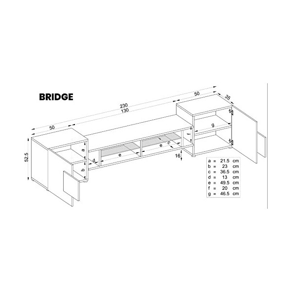 Komodee, Meuble Banc TV Merano, Wotan/Noir, Largeur 230 cm x Hauteur 52,5 cm x Profondeur 35 cm, LED RGB, pour Salon, Chambre