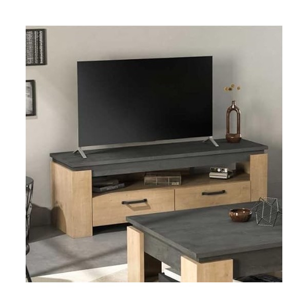 DANSMAMAISON Meuble TV 140 cm Chêne/Béton ciré - STINAU - L 140 x l 42 x H 47 cm