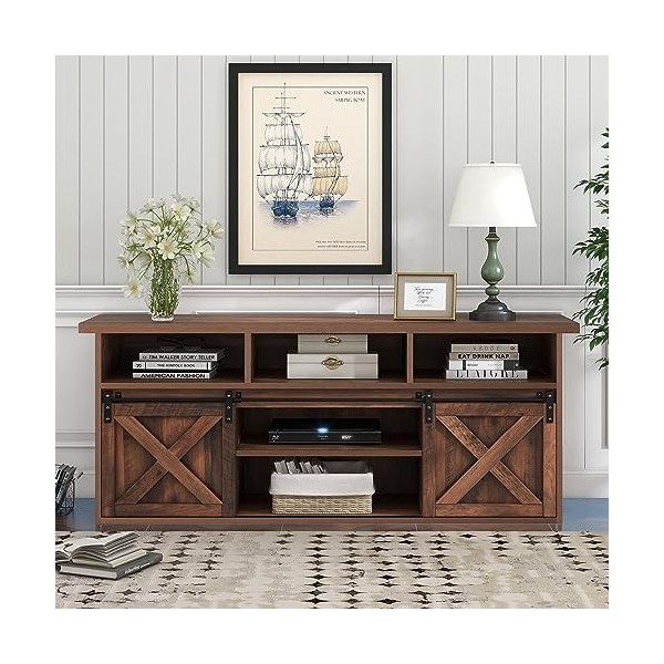 LILIIN Meuble TV de 150 cm - Pour téléviseur jusquà 60" - Avec 2 portes coulissantes, 9 compartiments de rangement et éclair